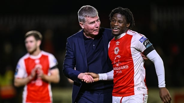 St Patrick's Athletic manager Stephen Kenny and Al-Amin Kazeem after their side's victory over Shamrock Rovers, October 2025
