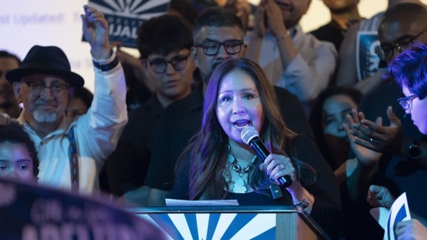 TUCSON, ARIZONA - JULY 15: Democratic U.S. congressional candidate Adelita Grijalva speaks at a primary election-night party at El Casino Ballroom on July 15, 2025 in South Tucson, Arizona. Grijalva, the Pima County supervisor, is running in a special election held for the state's 7th District seat 