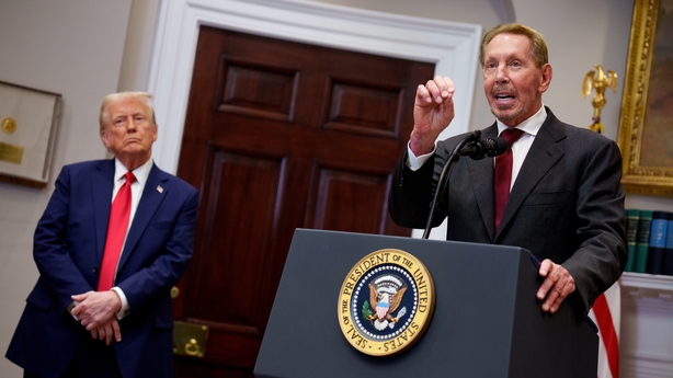 WASHINGTON, DC - JANUARY 21: Oracle co-founder, CTO and Executive Chairman Larry Ellison, accompanied by U.S. President Donald Trump in the Roosevelt Room of the White House on January 21, 2025 in Washington, DC. Trump announced an investment in artificial intelligence (AI) infrastructure and took q