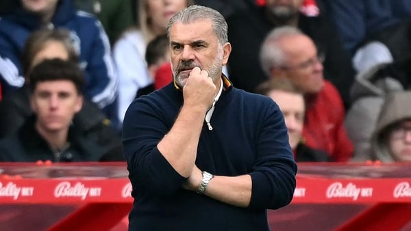 Nottingham Forest's Australian manager Ange Postecoglou reacts during the English Premier League football match between Nottingham Forest and Chelsea at The City Ground in Nottingham, central England, on October 18, 2025. (Photo by JUSTIN TALLIS / AFP) /