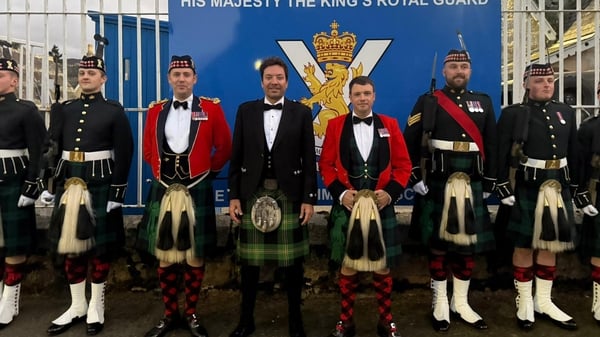 handout photo issued by 5 Scots of Jimmy Fallon alongside soldiers from 5 Scots during his visit to Victoria Barracks, Ballater. The US TV star was treated to some Highlands hospitality as Scottish soldiers hosted him for a special dinner during his holid