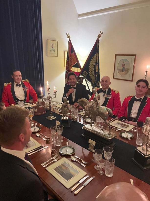 Undated handout photo issued by 5 Scots of Jimmy Fallon alongside soldiers from 5 Scots during his visit to Victoria Barracks, Ballater. The US TV star was treated to some Highlands hospitality as Scottish soldiers hosted him for a special dinner during his holiday in Royal Deeside. A chance encoun