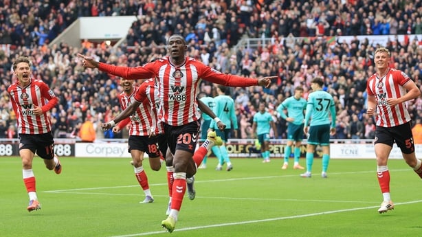 Nordi Mukiele celebrates with team mates after scoring during the Premier League match between Sunderland and Wolverhampton Wanderers at Stadium of Light on October 18, 2025 in Sunderland