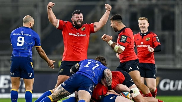 18 October 2025; Michael Milne of Munster celebrates his side winning a penalty during the United Rugby Championship match between Leinster and Munster at Croke Park in Dublin. Photo by Seb Daly/Sportsfile