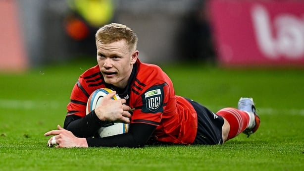 18 October 2025; Ethan Coughlan of Munster scores his side's third try during the United Rugby Championship match between Leinster and Munster at Croke Park in Dublin. Photo by Seb Daly/Sportsfile