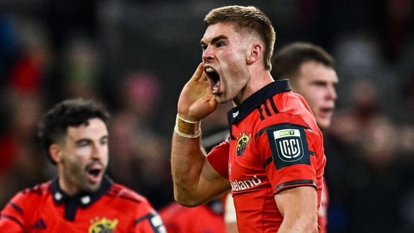 18 October 2025; Jack Crowley of Munster celebrates his side winning a penalty during the United Rugby Championship match between Leinster and Munster at Croke Park in Dublin. Photo by Seb Daly/Sportsfile