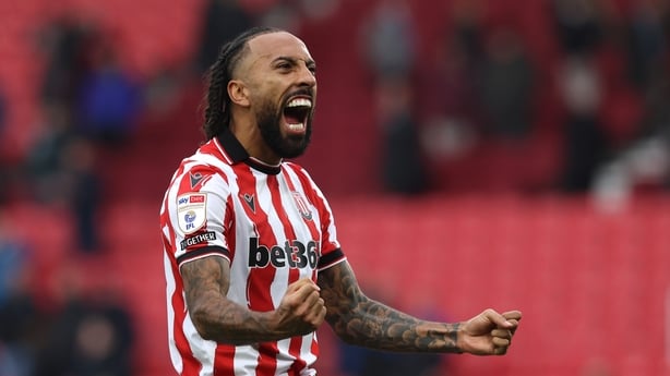 Sorba Thomas of Stoke City celebrates following the the Sky Bet Championship match between Stoke City and Wrexham AFC at Bet365 Stadium on October 18, 2025 in Stoke on Trent