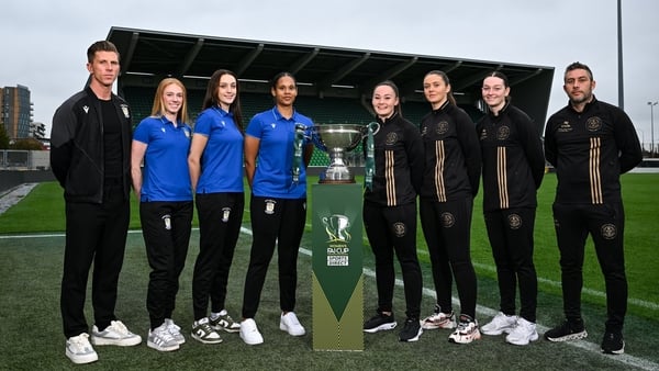 Athlone Town manager John Sullivan and players, from left, Kelly Brady, Kayleigh Shine and Izzy Groves and Bohemians manager Alban Hysa with players, from left, Rachael Kelly, Lisa Murphy and Hannah Healy during the Sports Direct Women's Cup Final media d