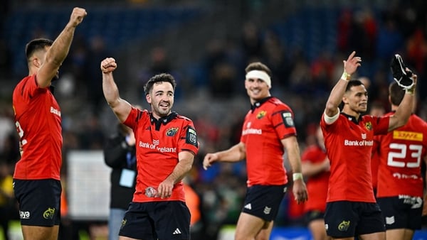 18 October 2025; Munster players celebrate after the United Rugby Championship match between Leinster and Munster at Croke Park in Dublin. Photo by Sam Barnes/Sportsfile