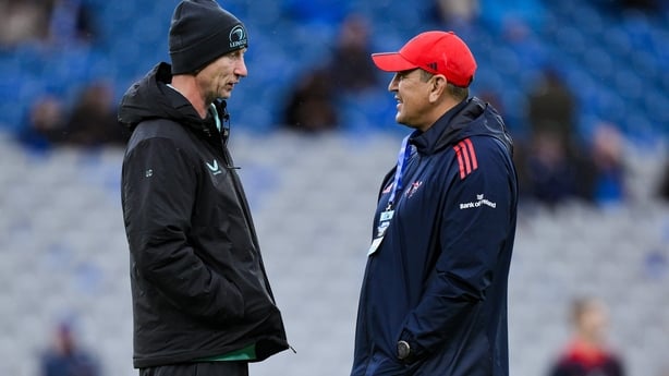 18 October 2025; Leinster head coach Leo Cullen and Head coach Clayton McMillan before the United Rugby Championship match between Leinster and Munster at Croke Park in Dublin. Photo by Brendan Moran/Sportsfile