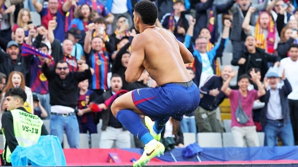 Ronald Araujo celebrates during the match between FC Barcelona and Girona FC, corresponding to week 9 of LaLiga EA Sports, played at the Lluis Companys Stadium in Barcelona, Spain, on October 18, 2025. (Photo by Joan Valls/Urbanandsport/NurPhoto)