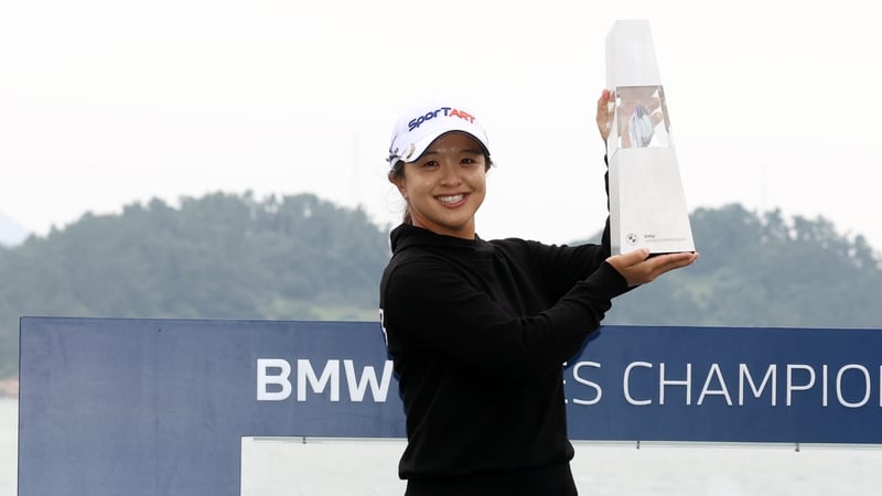 Sei Young Kim celebrates with the trophy at Pine Beach Golf Links in Haenam