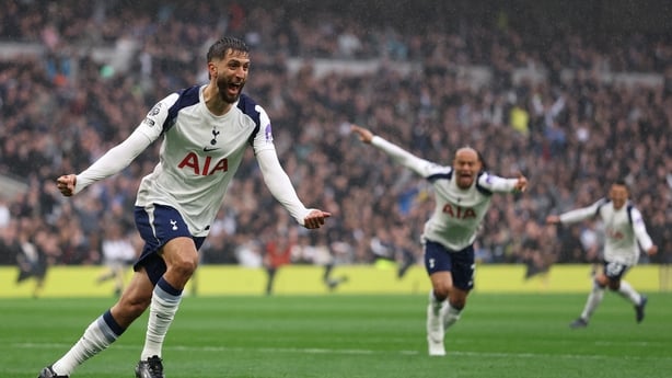 LONDON, ENGLAND - OCTOBER 19: Rodrigo Bentancur of Tottenham Hotspur celebrates scoring his team's first goal during the Premier League match between Tottenham Hotspur and Aston Villa at Tottenham Hotspur Stadium on October 19, 2025 in London, England. (Photo by Justin Setterfield/Getty Images)
