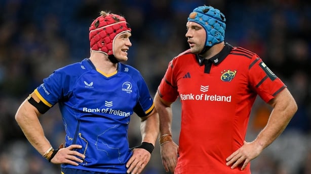 18 October 2025; Team captains Josh van der Flier of Leinster, left, and Tadhg Beirne of Munster during the United Rugby Championship match between Leinster and Munster at Croke Park in Dublin. Photo by Brendan Moran/Sportsfile