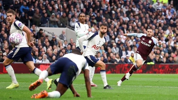 Emiliano Buendia of Aston Villa (r) scores against Tottenham, Premier League, October 2025