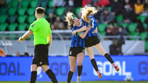 19 October 2025; Kelly Brady, right. celebrates with Athlone Town team-mate Madison Gibson after scoring their side's first goal during the 2025 Sports Direct Women's FAI Cup Final match between Athlone Town and Bohemians at Tallaght Stadium in Dublin. Ph