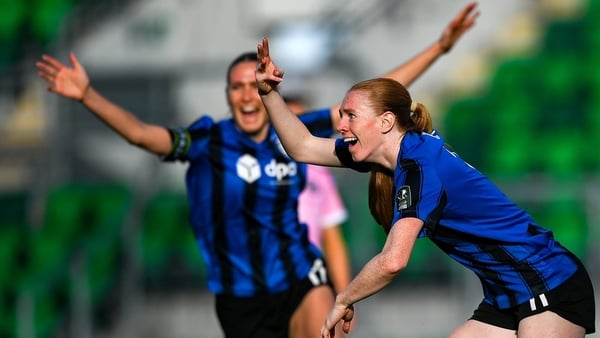 Kelly Brady of Athlone Town celebrates after scoring her, and her side's, third goal during the 2025 Sports Direct Women's FAI Cup Final match between Athlone Town and Bohemians at Tallaght Stadium in Dublin.