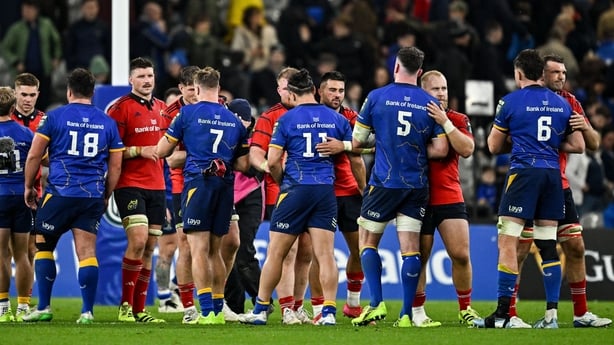 18 October 2025; Leinster players and Munster players shake hands after the United Rugby Championship match between Leinster and Munster at Croke Park in Dublin. Photo by Sam Barnes/Sportsfile