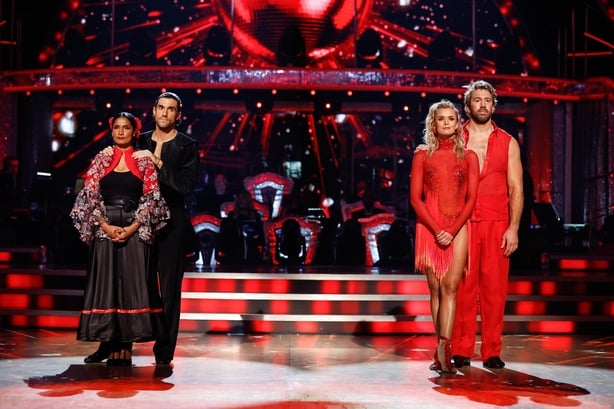 BBC handout photo of Balvinder Sopal and Julian Caillon with Chris Robshaw and Nadiya Bychkova during the results show of Strictly Come Dancing on BBC1. Issue date: Sunday October 19, 2025. PA Photo. Photo credit should read: Guy Levy/BBC/PA Wire NOTE TO EDITORS: Not for use more than 21 days after