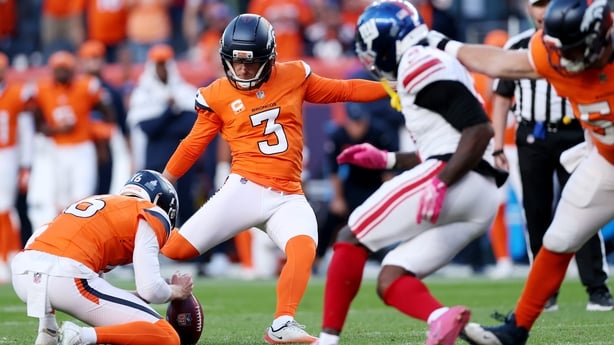 Wil Lutz #3 of the Denver Broncos kicks a game winning field goal against the New York Giants in the fourth quarter of a game at Empower Field At Mile High on October 19, 2025 in Denver, Colorado. (Photo by Matthew Stockman/Getty Images)