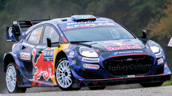 Irish driver Josh McErlean and Irish co-driver Eoin Treacy compete in their Ford Puma Rally 1 car during day three of the FIA World Rally Championship WRC Central European Rally