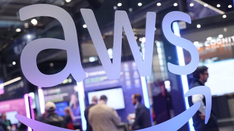 HANOVER, GERMANY - MARCH 31: The AWS Amazon Web Services pavilion stands are seen at the 2025 Hannover Messe industrial trade fair on March 31, 2025 in Hanover, Germany. The fair, which showcases German and international industrial production, is taking p