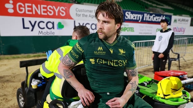 Mack Hansen is transported off the pitch after his injury against the Bulls
