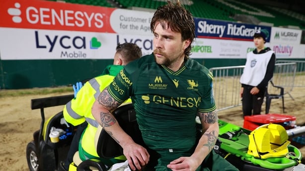 17 October 2025; Mack Hansen of Connacht is transported off the pitch after picking up an injury during the United Rugby Championship match between Connacht and Vodacom Bulls at Dexcom Stadium in Galway. Photo by Thomas Flinkow/Sportsfile