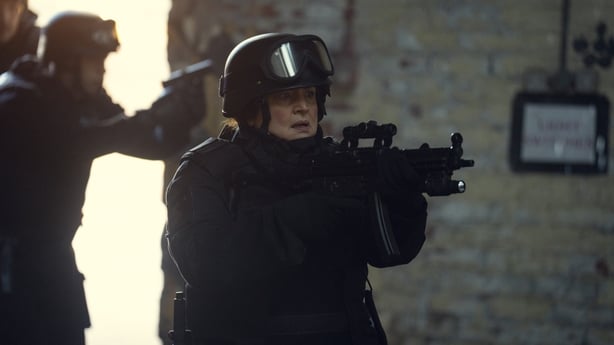 Ruth Jones points a gun as Elena Ravenscroft in Run Away