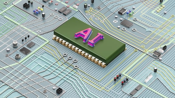 Image shows a complex electronic circuit board containing an artfiicial intelligence chip