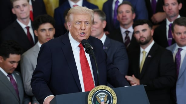 WASHINGTON, DC - OCTOBER 20: U.S. President Donald Trump delivers remarks as he welcomes the Louisiana State University (LSU) and LSU-Shreveport 2025 national champion baseball teams during an event in the East Room of the White House on October 20, 2025 in Washington, DC Trump honored the LSU Tiger