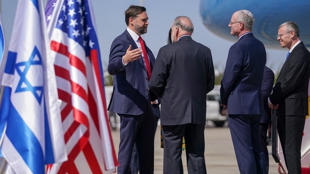 US Vice President JD Vance is greeted by officials on arrival at Ben Gurion Airport in Israel