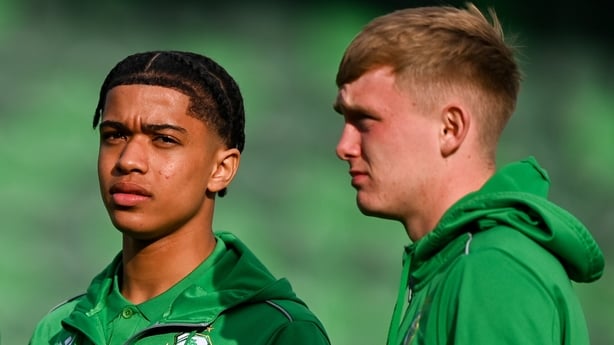 25 April 2025; Victor Ozhianvuna, left, and Michael Noonan of Shamrock Rovers before the SSE Airtricity Men's Premier Division match between Shamrock Rovers and Shelbourne at Tallaght Stadium in Dublin. Photo by Ramsey Cardy/Sportsfile