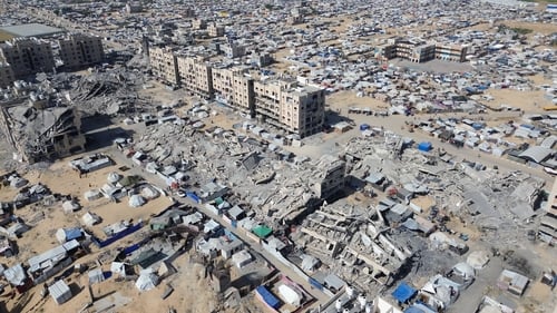 An aerial view shows extensive destruction caused by Israeli attacks on Gaza
