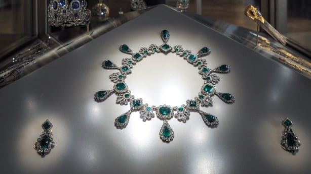 Necklace and earrings from the emerald set of Napoleon 1 s second wife Empress Marie Louise on display in the Apollo s gallery housing the royal collection of gems and diamonds of the French crown in Paris in France on May 20 of 2021. (Photo by Maeva Destombes / Hans Lucas via AFP)