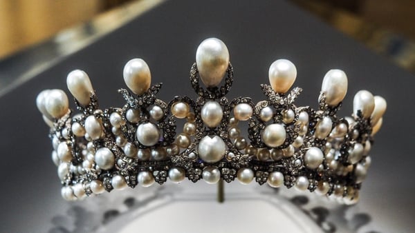 Empress Eugenie s diadem of pearls exhibited in the Apollo s Galery housing the royal collection of gems and diamonds from the French crown in Paris in France on May 20 of 2021. (Photo by Maeva Destombes / Hans Lucas via AFP)