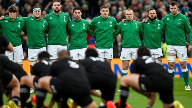13 November 2021; Ireland players, from left, Josh van der Flier, Rob Herring, Iain Henderson, Joey Carbery, Garry Ringrose, Keith Earls, Jamison Gibson-Park and Peter O'Mahony watch New Zealand perform the Haka before the Autumn Nations Series match between Ireland and New Zealand at Aviva Stadium