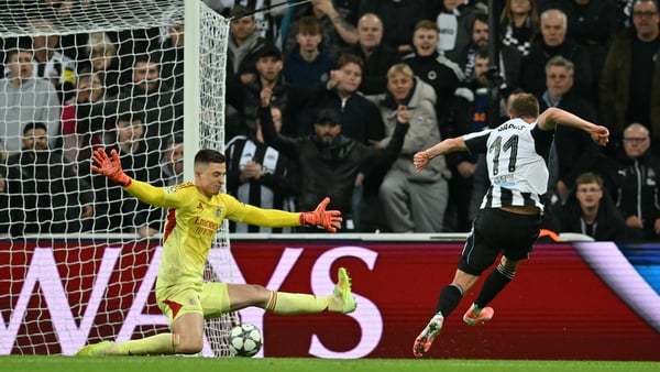 Harvey Barnes scores Newcastle United's third goal against Benfica at St James' Park