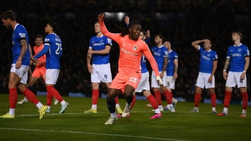 Brandon Thomas-Asante celebrates scoring the first of his two goals in Coventry's win over Portsmouth