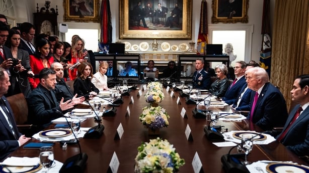 WASHINGTON, DC October 17: US President Donald Trump and President of Ukraine Volodymyr Zelensky speak during a Bilateral Lunch in the Cabinet Room at the White House on Friday October 17, 2025 (Photo by Demetrius Freeman/The Washington Post via Getty Images)