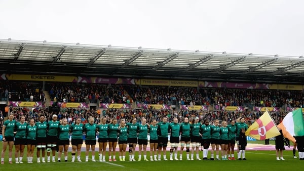 14 September 2025; Ireland players line up before the Women's Rugby World Cup 2025 quarter-final match between France and Ireland at Sandy Park in Exeter, England. Photo by Harry Murphy/Sportsfile