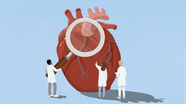 A concept image of doctors in white coats examining a heart