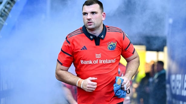 18 October 2025; Munster captain Tadhg Beirne leads his side onto the pitch before the United Rugby Championship match between Leinster and Munster at Croke Park in Dublin. Photo by Brendan Moran/Sportsfile