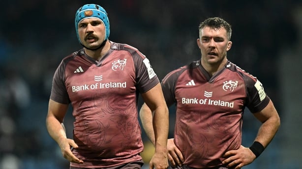 13 December 2024; Tadhg Beirne, left, and Peter O'Mahony of Munster during the Champions Cup Pool 3 match between Castres Olympique and Munster at Stade Pierre Fabre in Castres, France. Photo by Brendan Moran/Sportsfile