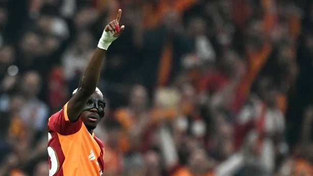 Galatasaray's Nigerian forward #45 Victor Osimhen celebrates scoring his team's first goal during the UEFA Champions League, league phase - day 3, football match between Galatasaray SK and Bodo/Glimt at the Rams Park in Istanbul on October 22, 2025.