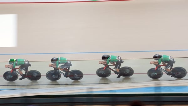 Ireland's Erin Creighton, Fiona Mangan, Aoife O'Brien and Caoimhe O'Brien compete during the women's team pursuit classification at the 2025 UCI Track World Championships, in the Peñalolen Velodrome in Santiago, on October 22, 2025.