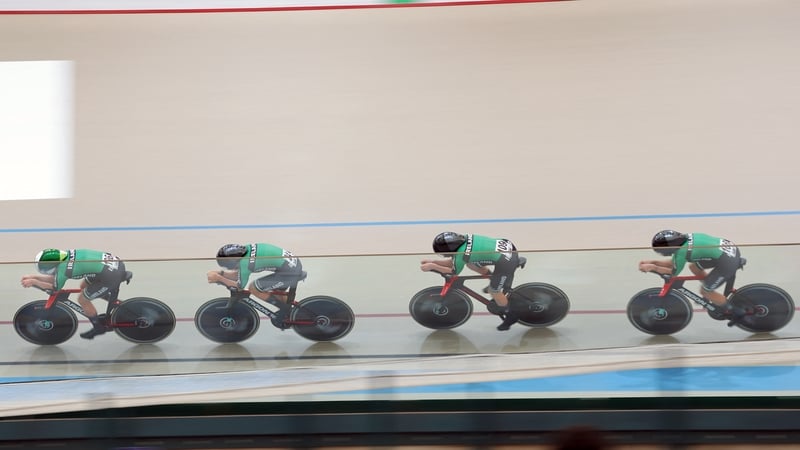 Erin Creighton, Fiona Mangan, Aoife O'Brien and Caoimhe O'Brien during the women's team pursuit at the Penalolen Velodrome in Santiago