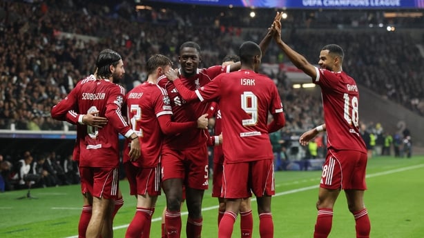 FRANKFURT AM MAIN, GERMANY - OCTOBER 22: Ibrahima Konate of Liverpool celebrates scoring his team's third goal with teammates during the UEFA Champions League 2025/26 League Phase MD3 match between Eintracht Frankfurt and Liverpool FC at Frankfurt Stadion on October 22, 2025 in Frankfurt am Main, Ge