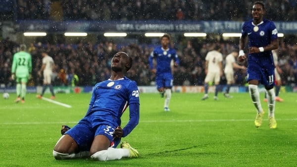 LONDON, ENGLAND - OCTOBER 22: Tyrique George of Chelsea celebrates scoring his team's fifth goal during the UEFA Champions League 2025/26 League Phase MD3 match between Chelsea FC and AFC Ajax at Stamford Bridge on October 22, 2025 in London, England. (Ph