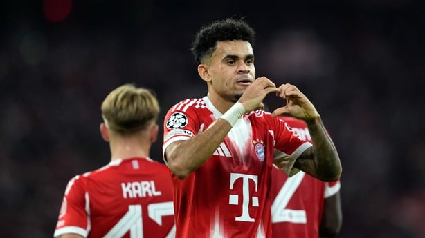 Luis Diaz of Bayern Munich celebrates scoring his team's third goal during the UEFA Champions League 2025/26 League Phase MD3 match between FC Bayern München and Club Brugge KV at Football Arena Munich on October 22, 2025 in Munich, Germany.